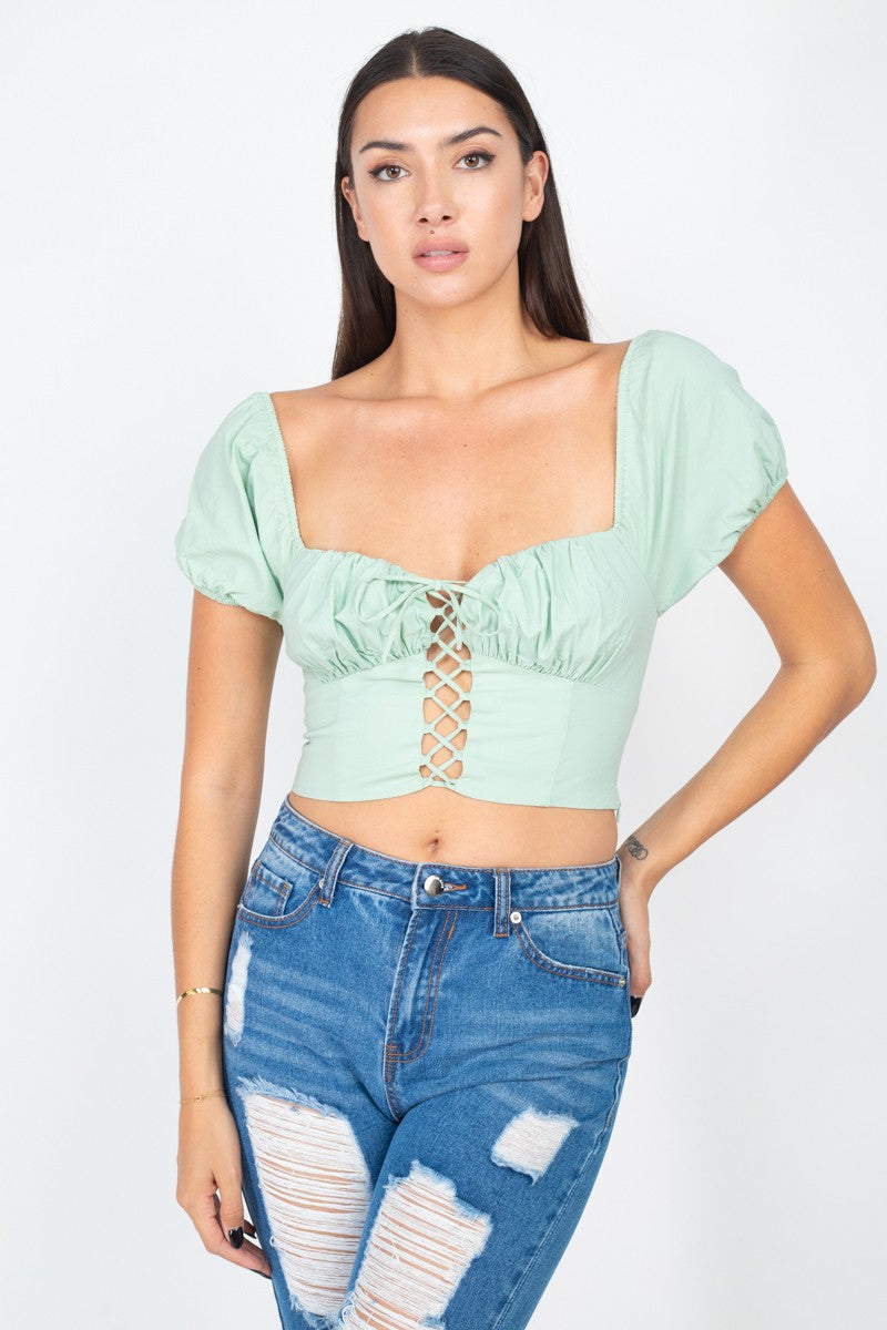 Lace-Up Puff Sleeves Top
