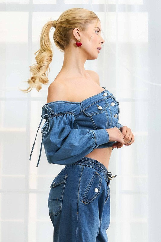 Off Shoulders Crop Denim Top