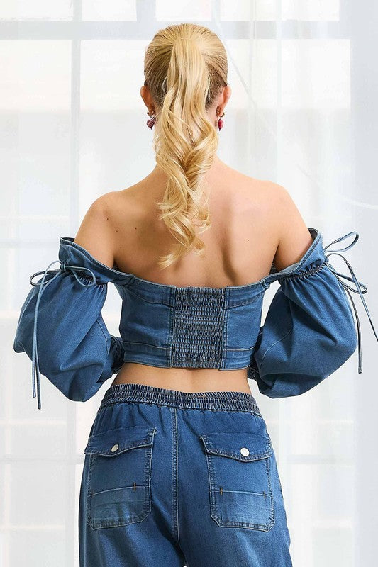 Off Shoulders Crop Denim Top