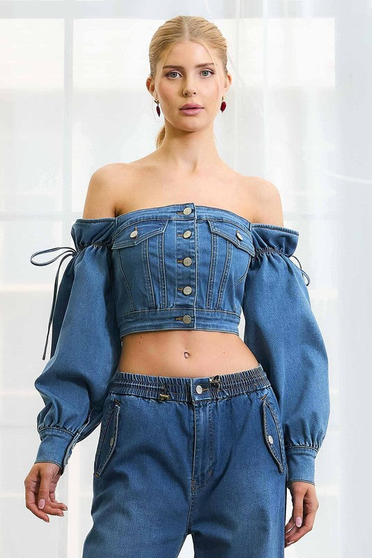 Off Shoulders Crop Denim Top